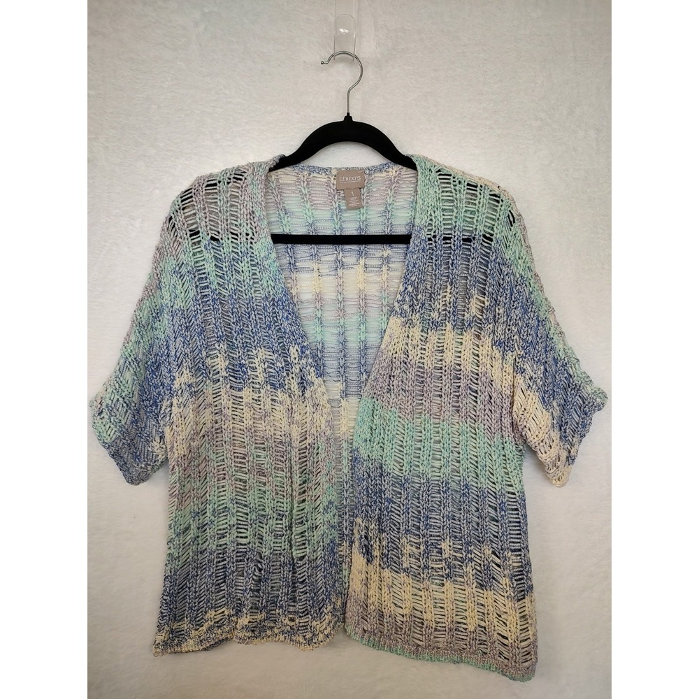Chicos Open Front Cardigan Sz 1 Womens Blue Green Open Knit Short Sleeve Sweater